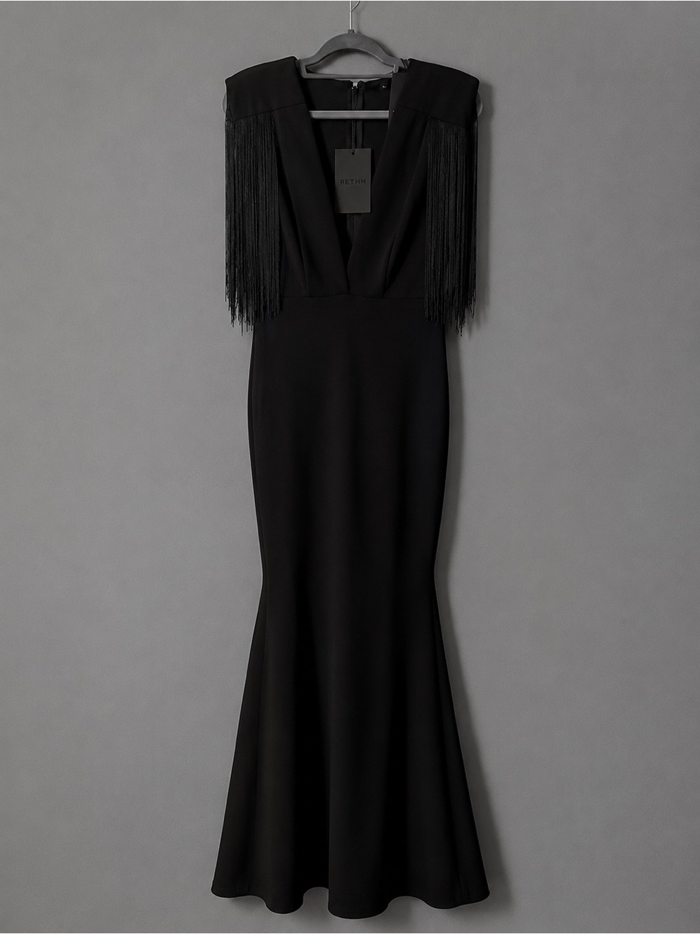 NWT Rethm Black Fringe Shoulder Deep V Mermaid Gown Formal Dress Size L
